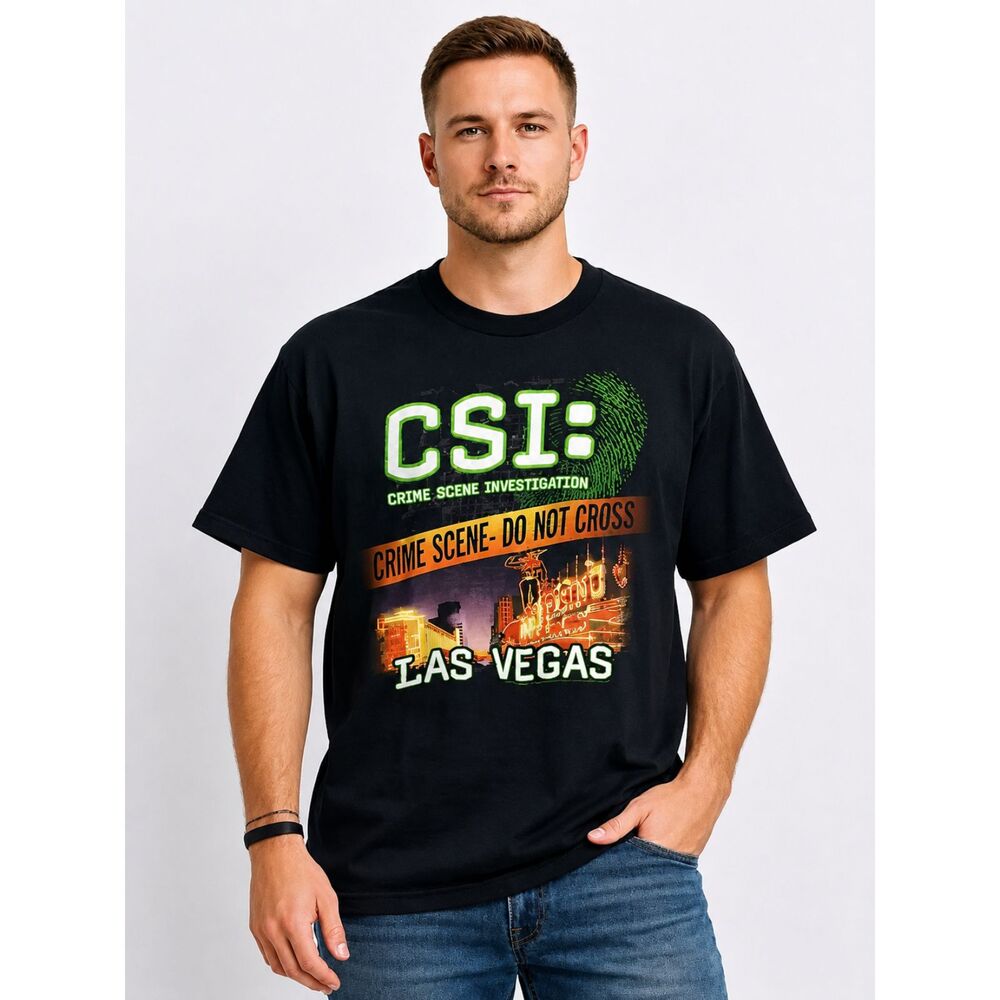 Vintage 2003 CSI Las Vegas Crime Scene Graphic T-Shirt Black Large
